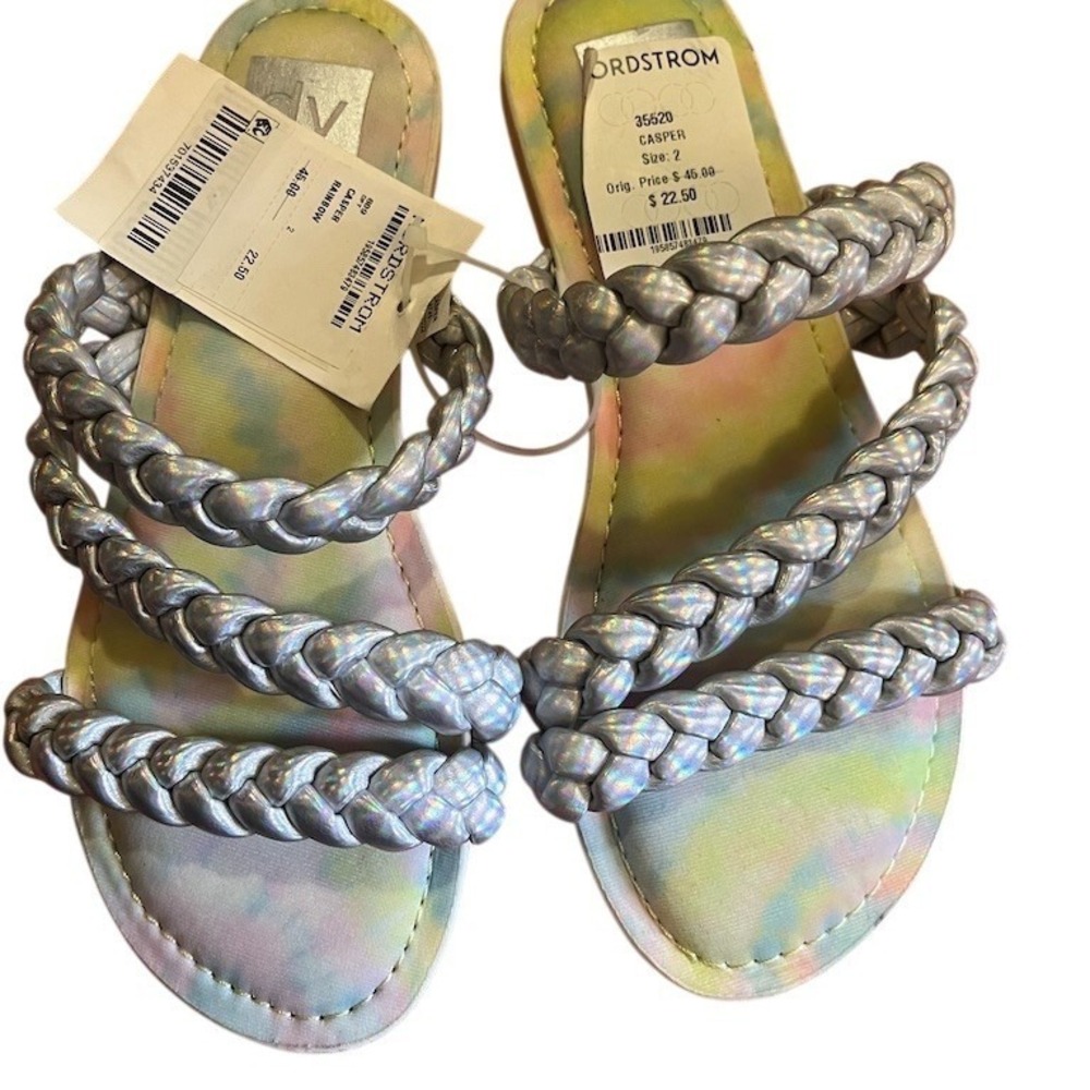 Nordstrom‎ Slide Sandals Girls US 2 Rainbow Tie-Dye Silver Braided Straps